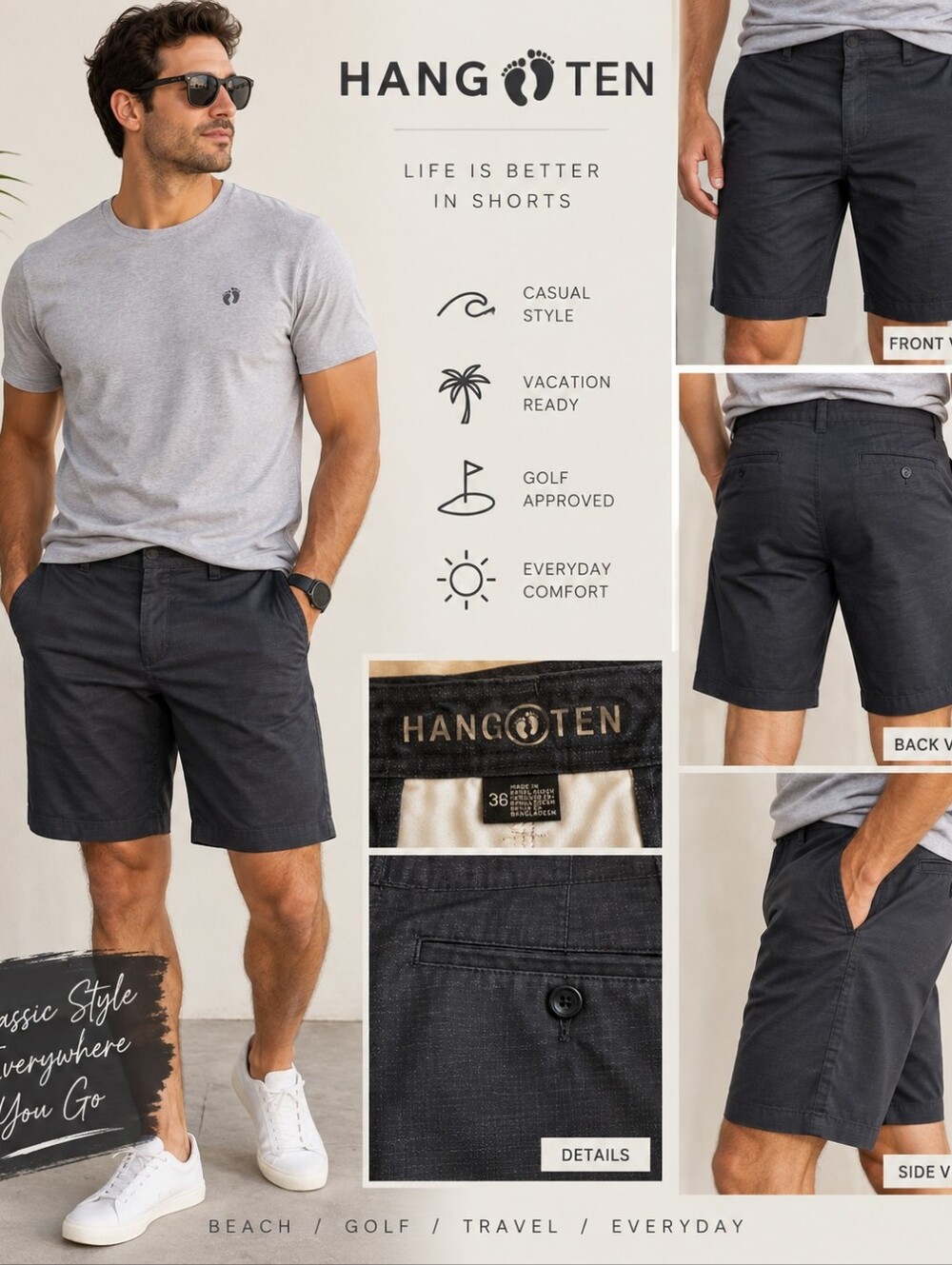 Hang Ten Men’s Size 36 Black Charcoal Walking Shorts Casual Golf Chino Shorts